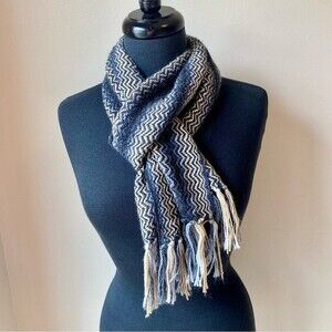 Alpaca Scarf Chevron Knit Woven Tassels Gray Grey Yellow Stripe Made in Peru